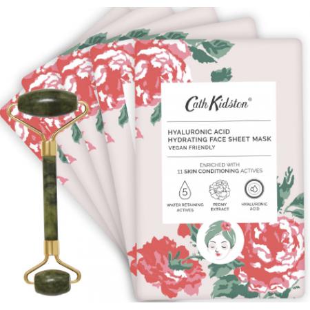 Cath Kidston The Garden Path  -  New For Spring Summer 2023 Rollaway Set (5 Hylauronic Face Mask Sheets And 1 Jade Quartz Roller)